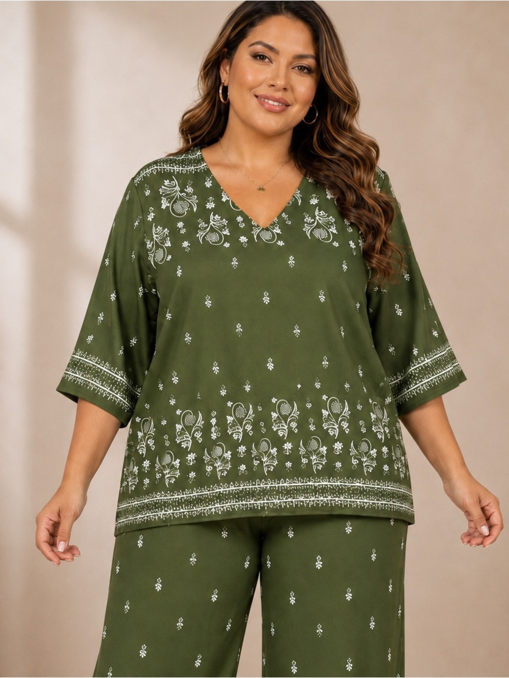 Plus Size Olive Green V-Neck Printed Top